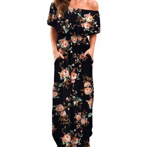 VERABENDI Women's Off Shoulder Casual Long Ruffle Beach Maxi Dress with Pockets